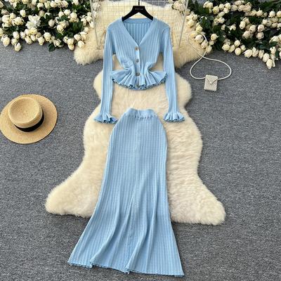 Two Piece Business Set Women Outfits Long Sleeve Tunic Cropped Cardigan High Waist Bodycon Fishtail Skirt Suit Fashion Knitted Sweater Suit