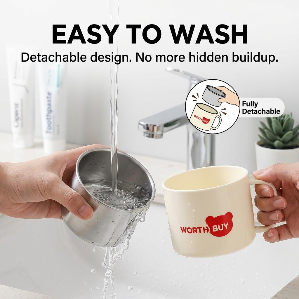 Cute Toothbrush Cup Bathroom Tumbler 316 Stainless Steel Mouthwash Mug Anti-Scald Handle Portable Detachable Home Accessories