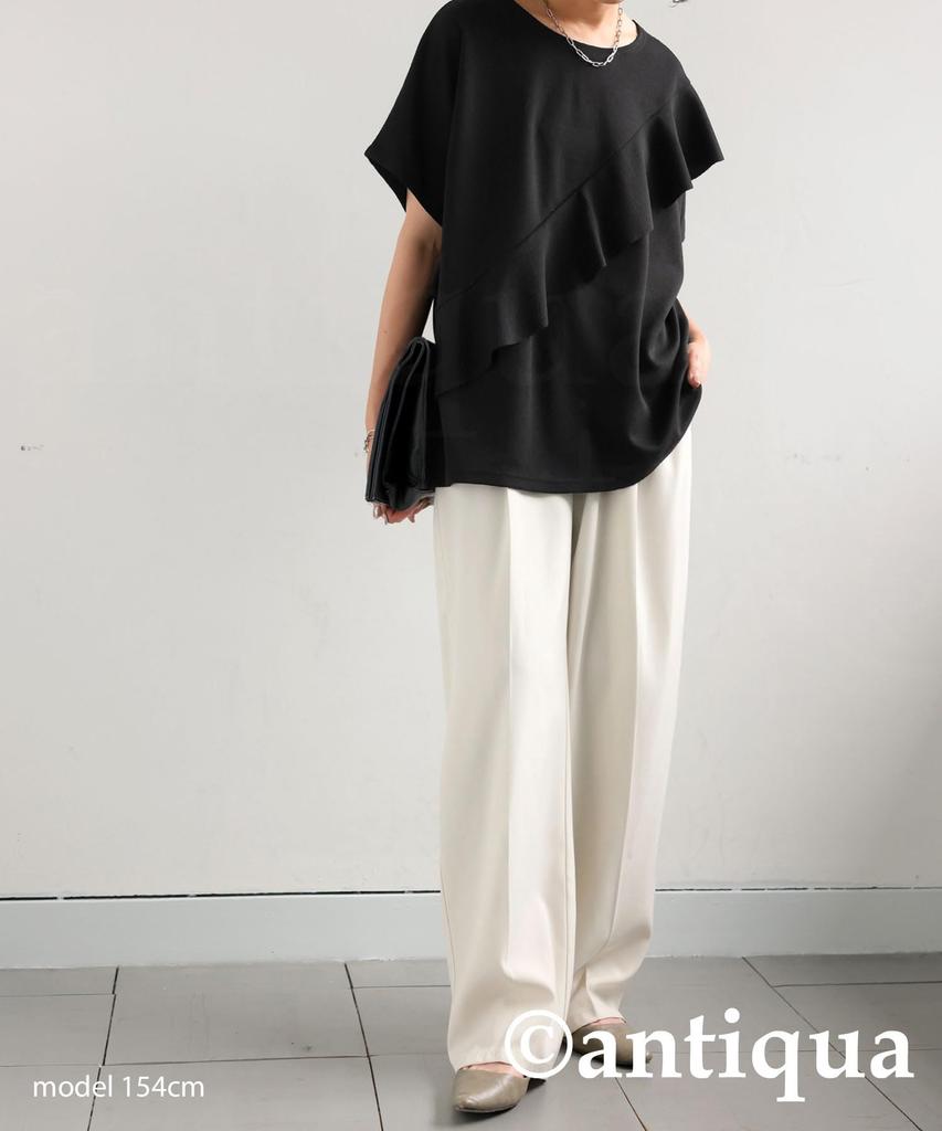 Antiqua Women's Ruffled Top, Short Sleeve, Solid Color, AJ-01785 F 05, Black