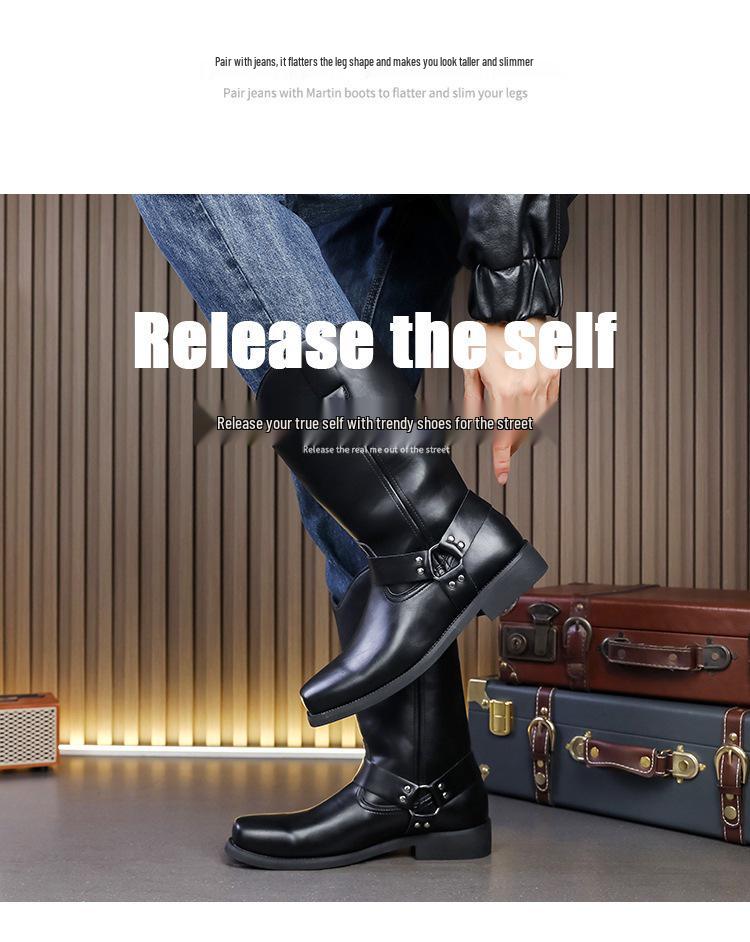 Bottes western en cuir pour homme, mi-mollet, automne, à brides croisées, bout carré, grande taille, chaussures décontractées montantes