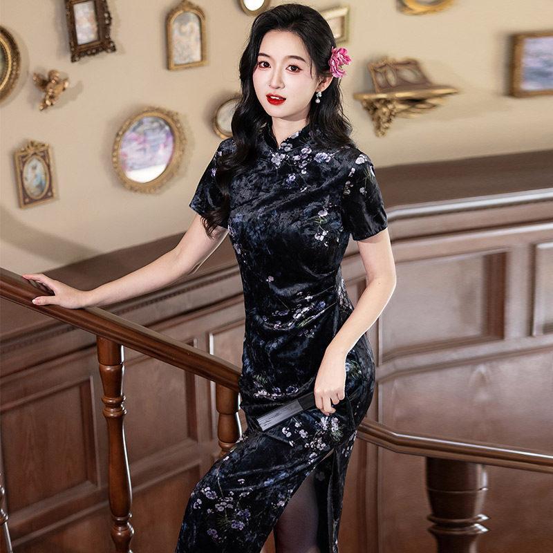 Black velvet national style new Chinese style Suzhou long cheongsam improved young 1011 new women's high sense summer