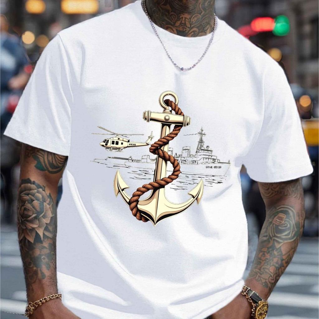 Nautical Anchor Coast Guard Helicopter Graphic Mens Casual Cotton Crew Neck TShirt Short Sleeve