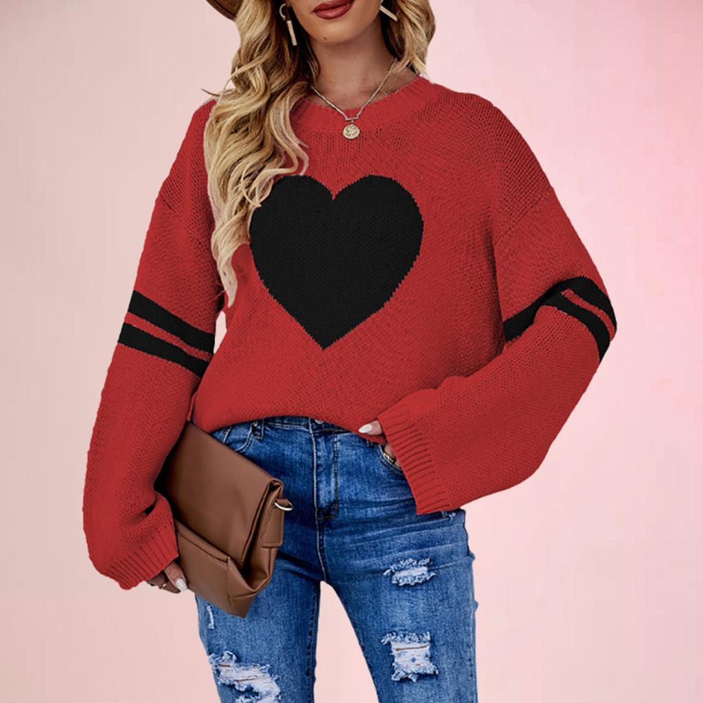 Women's Winter Versatile Long Sleeve Contrast Color Valentine's Day Love Loose Knitted Round Neck Pullover Sweater
