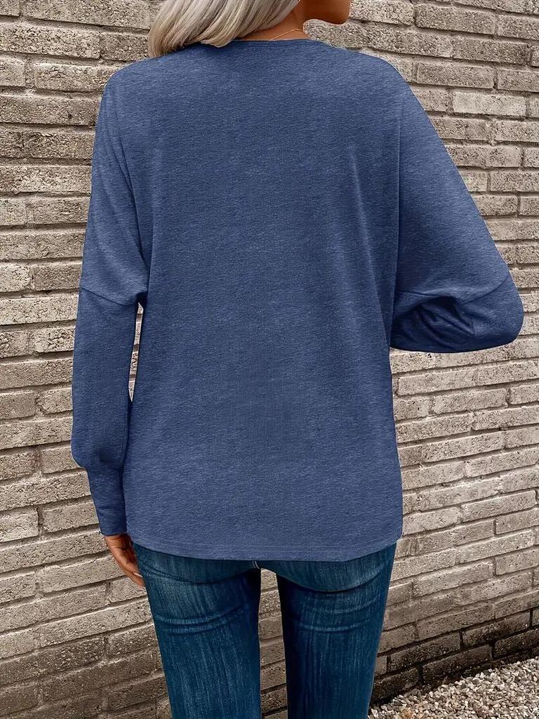 Women's Elegant V-neck Long-sleeve Solid Color T-shirt for Autumn/Winter