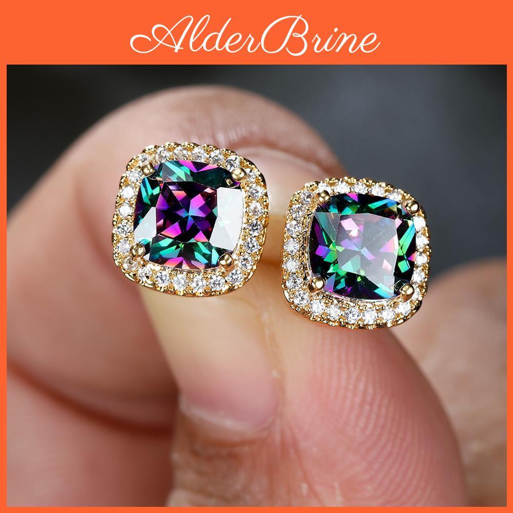 Rainbow Pair 1 Emerald Cut Stone Earrings Princess Cut White Yellow Red Purple Color Birthstone Stud Earrings