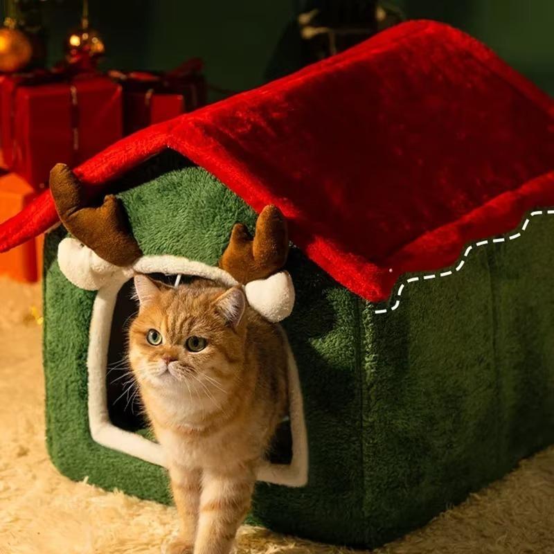 Christmas Cat Nest Dog House Pet Warm Soft Plush Multifunctional Dog Bed Thickened Closed Design Removable Cat House Pet Product