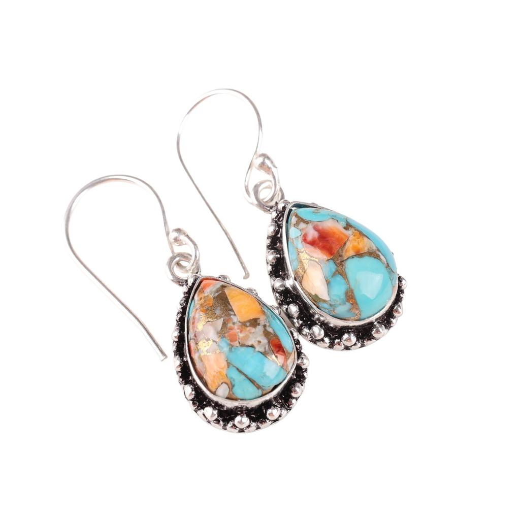 Natural Spiny Oyster Gemstone 925 Sterling Silver Jewelry Dangle Earrings 1.41" EE-97-38