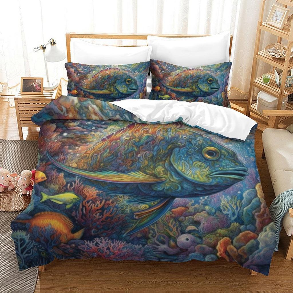 Colorful Fish 3D Digital Printing Polyester Quilt Cover Two Or Three Pieces Can Be