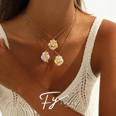 Starfish & Seahorse Stainless Steel Necklace with White Shell