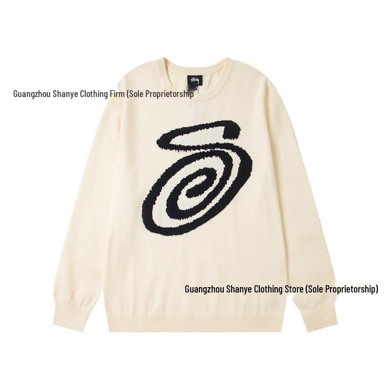European & American Stüssy Arc Pattern Jacquard Round Neck Knit Sweater for Couples