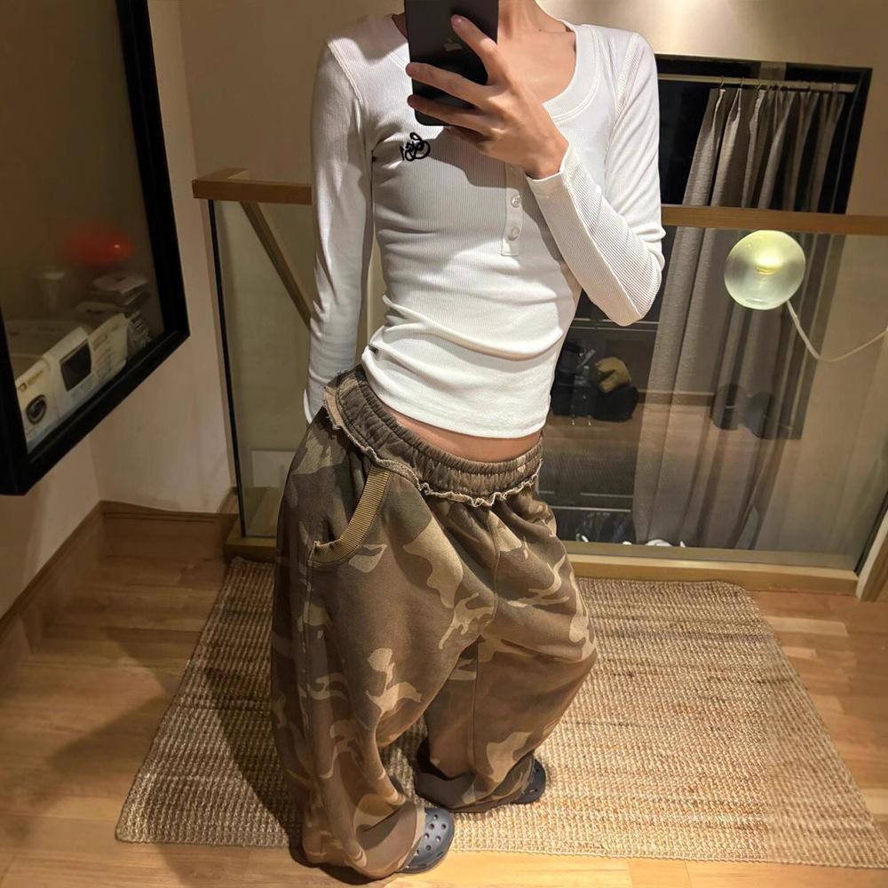 Women's Camo Print Wide Leg Pants with Elastic Waist Band
