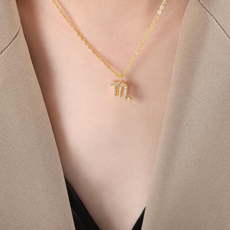 Custom Fashion Gold Titanium Steel Necklace with Zodiac Pendant and Rhinestones
