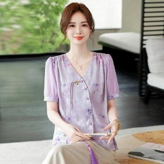 Elegant Summer Chiffon Blouse: National Style Short-Sleeve for Middle-Aged and Elderly Women 5XL фиолетовый