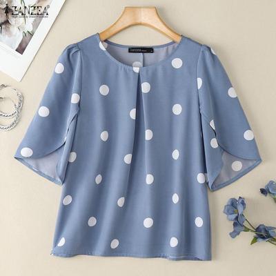 Women Casual Round Neck Summer Short Sleeve Polka Dot Blouse