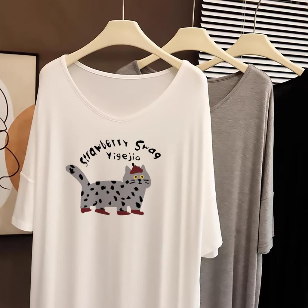 Soft & Gentle Women’s V-Neck Mid-Length Short Sleeve T-Shirt, Loose Modal Plus Size, Casual & Trendy.