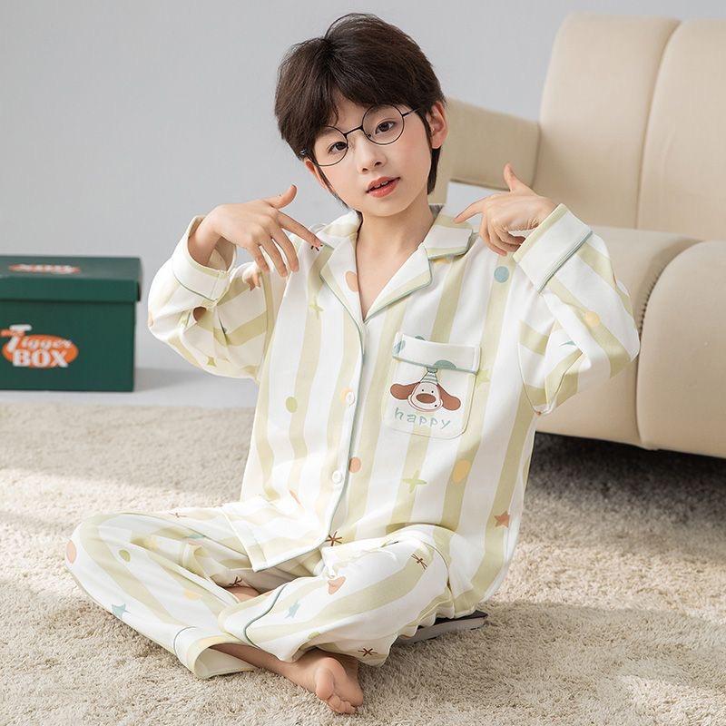 Spring & Autumn Children's Cartoon Cardigan Pajamas for Boys & Girls - Long Sleeve, Loose Fit, S/M/L Sizes