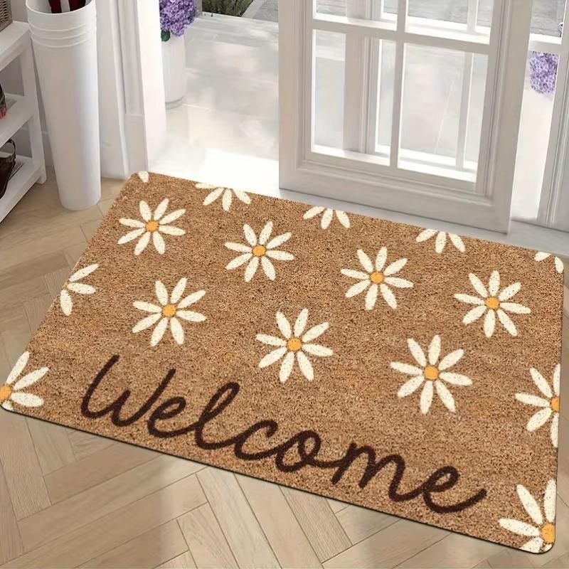 Small Daisy Welcome Doormat Non-Slip Indoor and Outdoor Entrance Rug Washable Front Door Mat Home Decor
