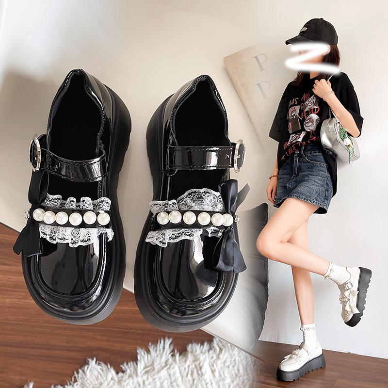 Fashion The 2025 autumn new lace pearl bow versatile round toe thick-soled one-line buckle shallow opening Mary Jane single shoe