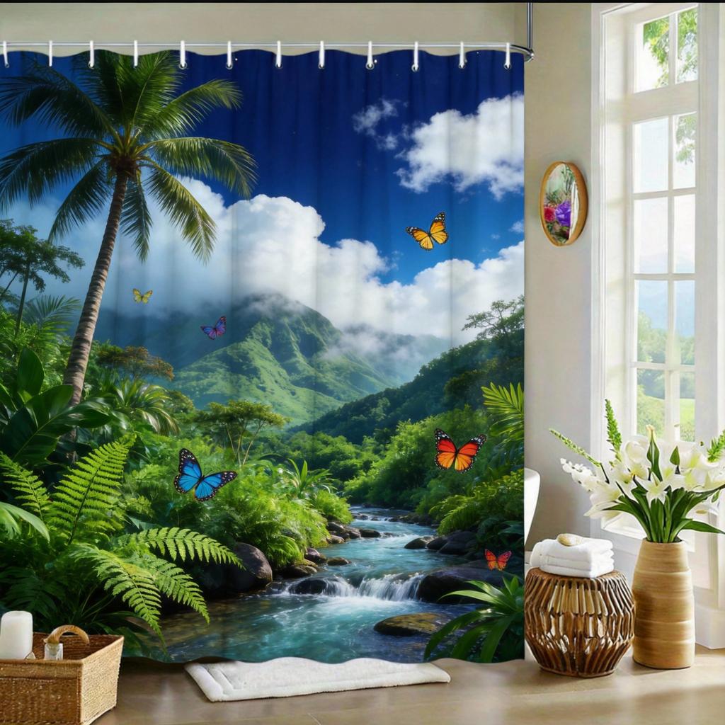 Desert Sunset Shower Curtain Cactus Landscape Print with Snowy Mountains Polyester Bath Curtain with Hooks for Boho Decor