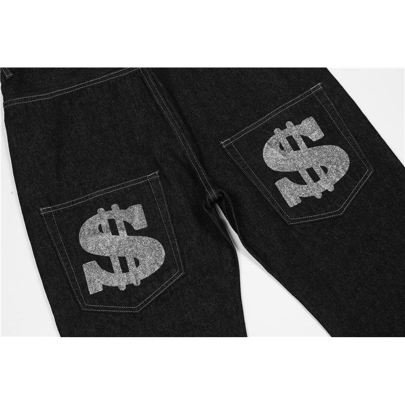 American Street Retro Letter Printing Washed Black Jeans Hip-hop Loose Straight Wide-leg Trousers Ins