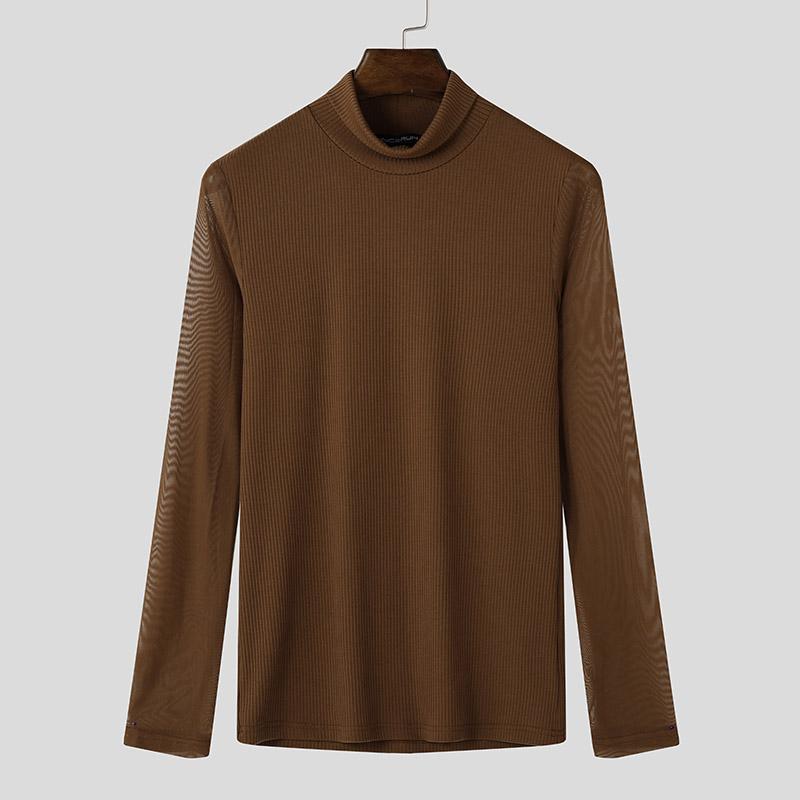 

INCERUN Мужские водолазки с сетчатым лоскутным узором, с длинным рукавом, трикотажные облегающие топы 3XL