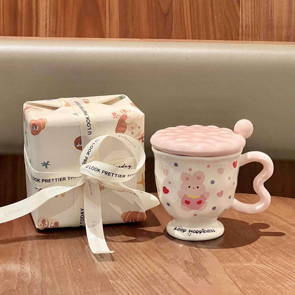 Girls' Heart Cute Rabbit Cup for Girls' Birthday Gift Souvenir High-value Ceramic Mug with Lid Spoon