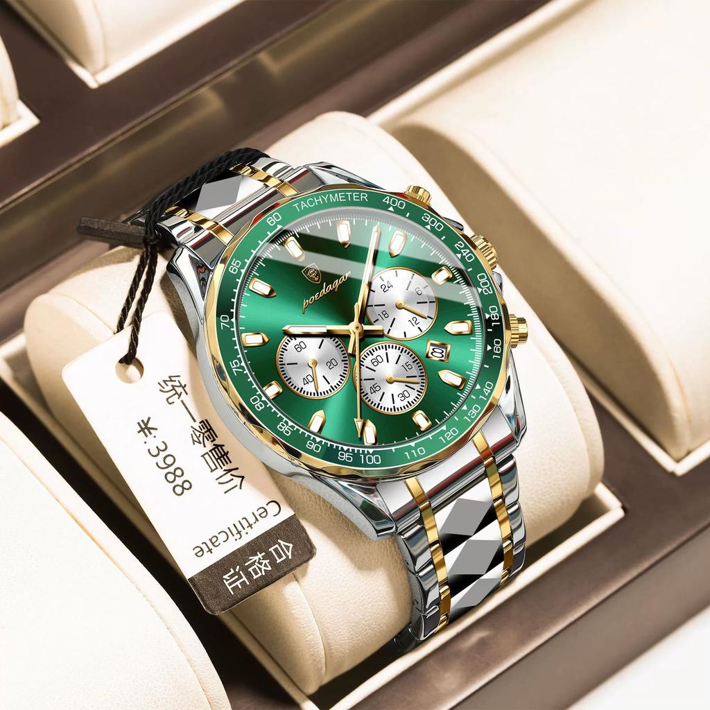 Trendy Technology Multi-function Steel Band Men's Watch Luminous Quartz Watch for Christmas and Halloween Gifts