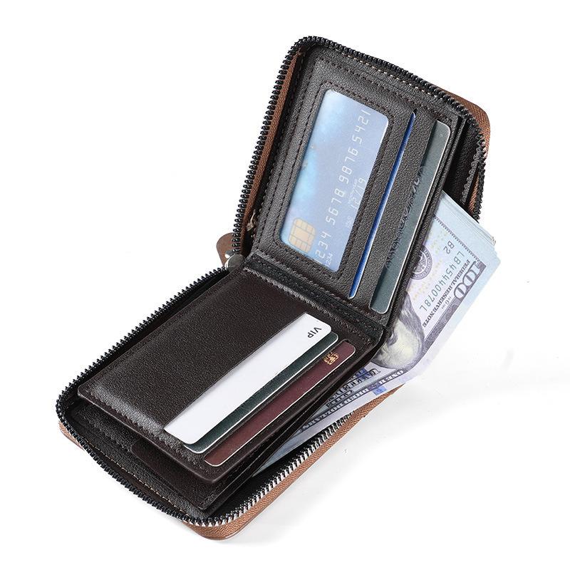 Men’s Pu Leather Trifold Wallet Zipper Wallet Multi Card Holder Coin Pocket Zip Around Wallet Secure Zipper Short Wallet Multi Card Slots Coin Pocket