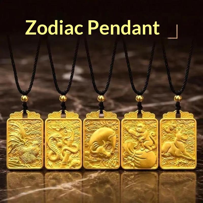 Gold Plated Chinese Zodiac Pendant Necklace Engraved Auspicious Patterns Adjustable Rope For Daily Wear Gifting