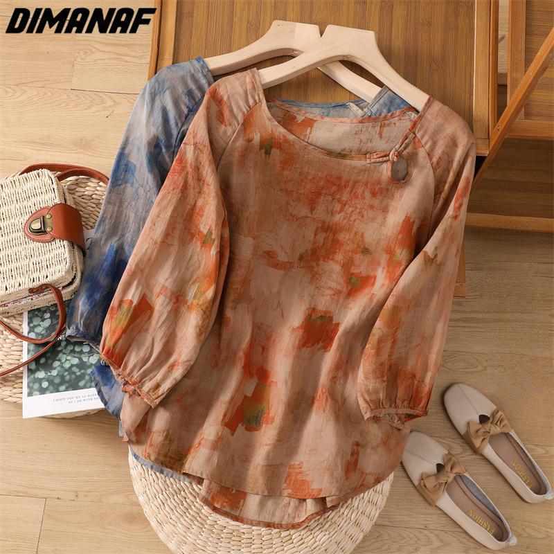 

DIMANAF 2023 плюс размер, новая летняя стильная блузка, повседневная рубашка, льняная женская свободная рубашка с цветочным принтом, винтажная синяя