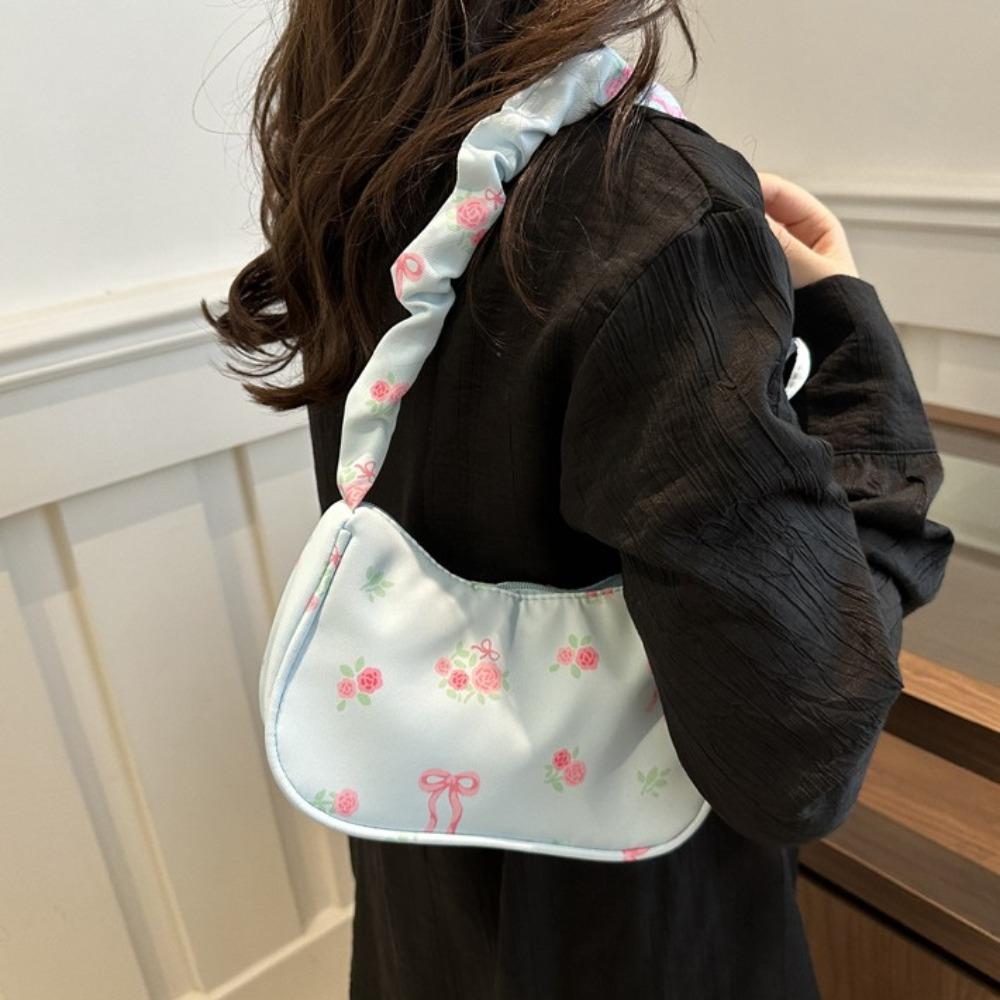 Sweet Nylon Handbag Bowknot Floral Shoulder Bag Korean Style Flower Pleated Underarm Bag Summer