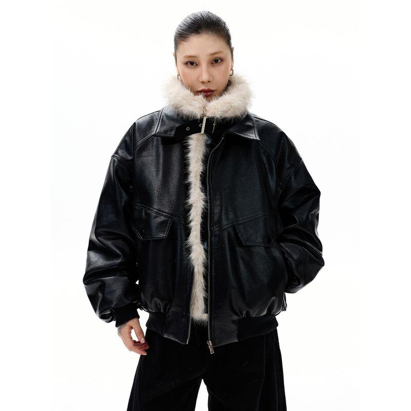 Kisko Winter American-Style Thickened Stand-Collar Leather Jacket Cotton Coat for Men and Women, High-End, Warm, Loose-Fitting Trendy Outerwear