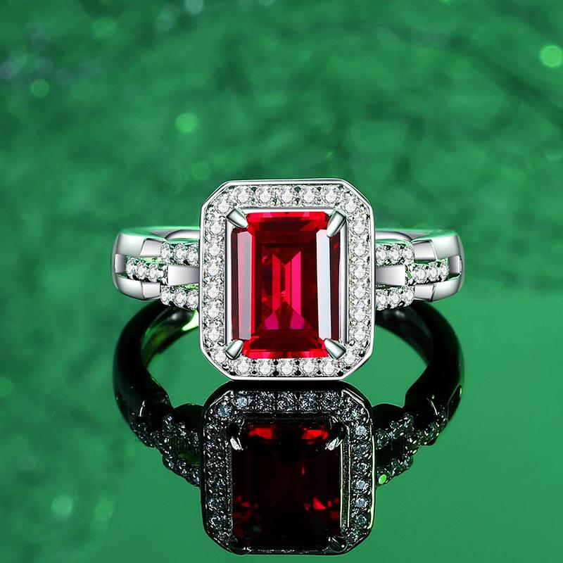 S925 Sterling Silver Ruby Pendant Necklace, Ring, and Stud Earrings Set - Simulated Pigeon Blood Red