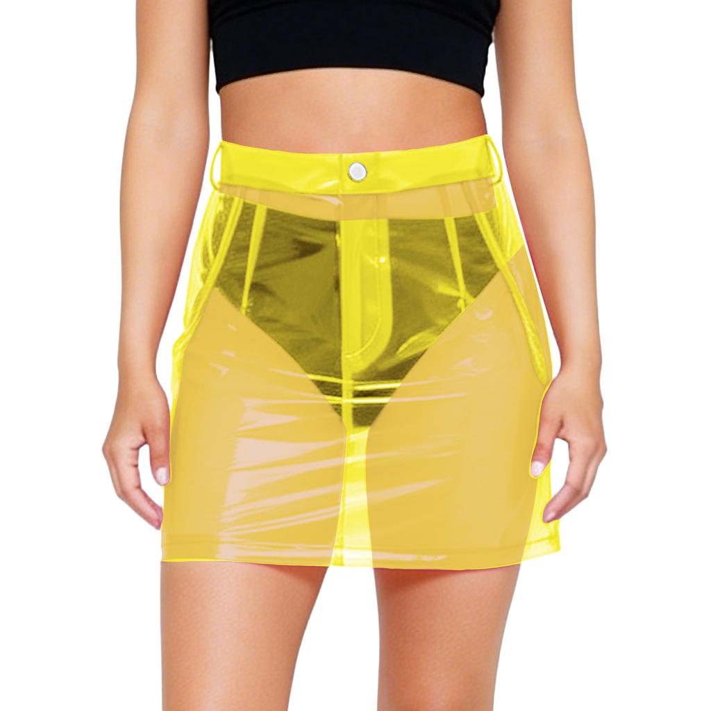 S-XXL Women Clear PVC High Waist Bodycon Mini Skirt with Side Pockets Transparent Cover Up for Swimsuit Beach Clubwear