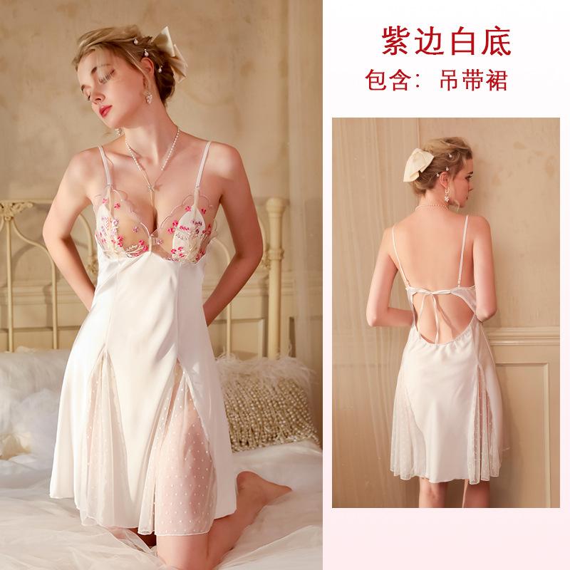 New ice silk pajamas satin sexy halter suspender pajamas lace splicing pajamas women's clothing