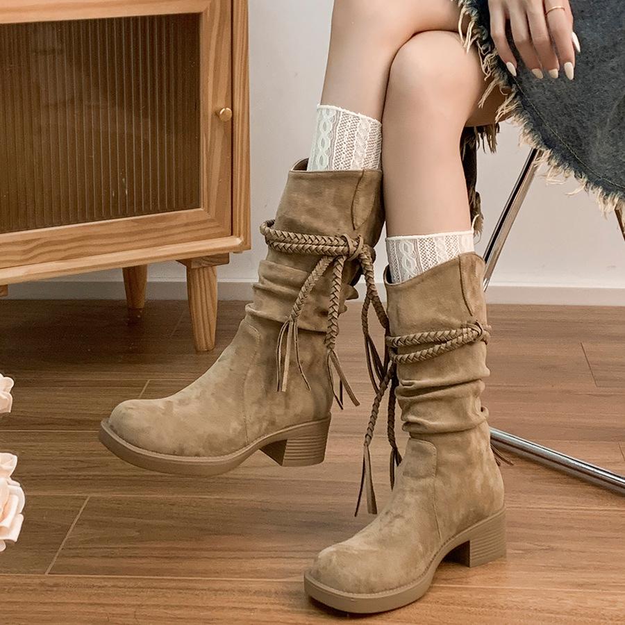 Thick-soled Boots Female Waste Retro Style Western Cowboy Knight Boots Leather Matte Fringed Hemp Rope Thick Heel Medium Boots