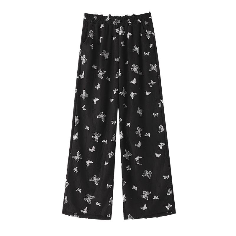 

Женские осенние брюки большого размера нового стиля с вышивкой бабочек, с высокой посадкой, широкими штанинами, прямые, повседневные 6XL чёрный