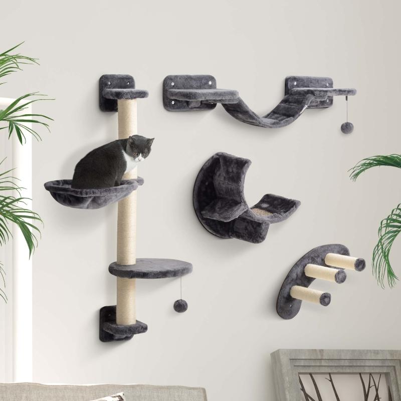 Cat Climbing Wall 4-Piece Set with Hammock, Cat Bridge (up to 5 kg), Dark Grey