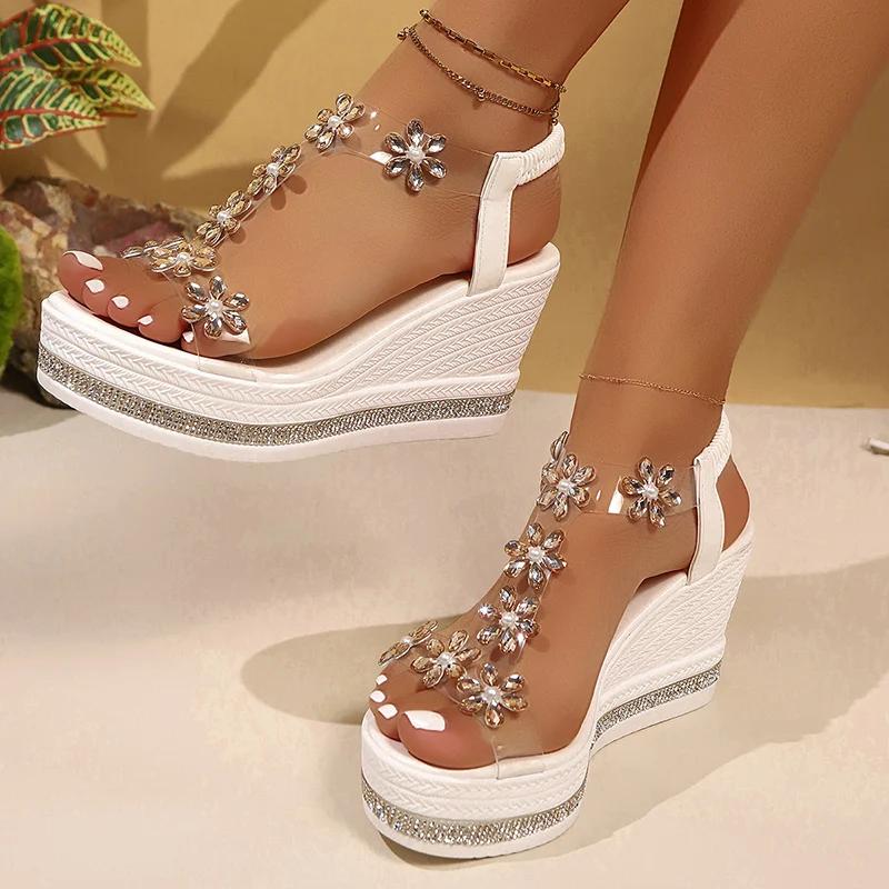 Fashion Chunky Platform Crystal Floral Sandals Women High Heels Wedges Pvc Gladiator Shoes Woman Plus Size Ankle Strap Sandalias Mujer