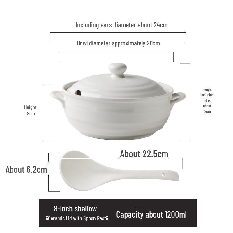 Double Ear Ceramic Soup Bowl Set with Lid - Microwave Safe, Includes Large Spoon and Tureen, Pure White, Creative Design (8 Bowls)
