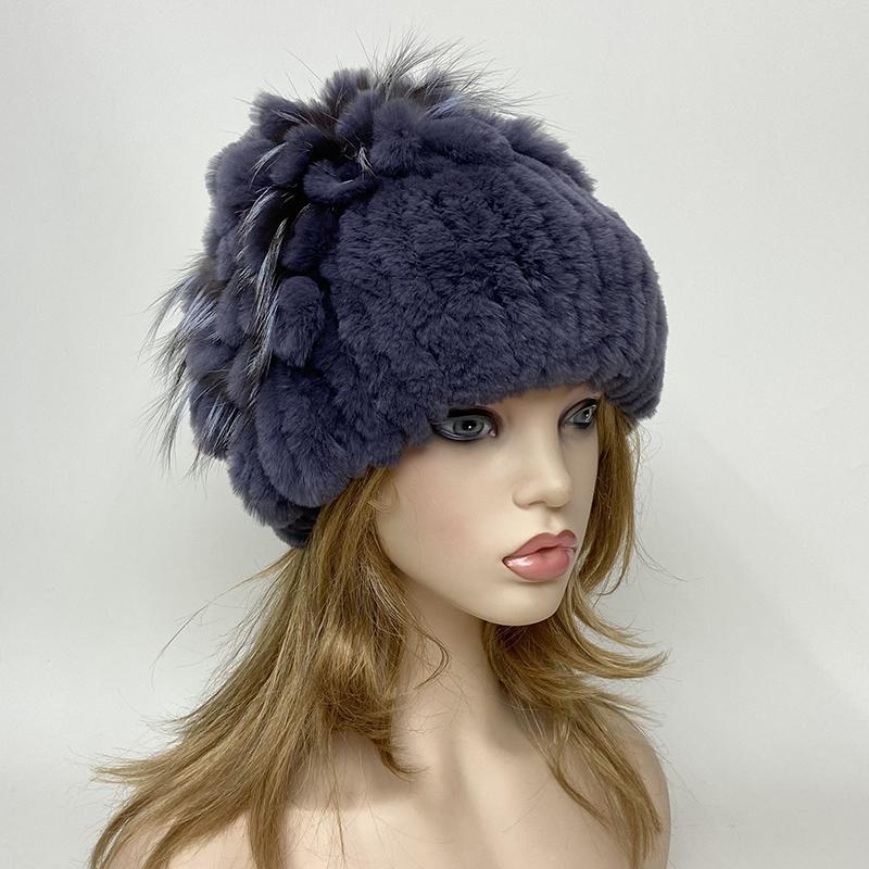 New Luxury Women Fur Hat For Winter Handmade Natural Rex Rabbit Fox Fur Cap Fluffy Female Fur Headgear Brand Warm Beanies Cap