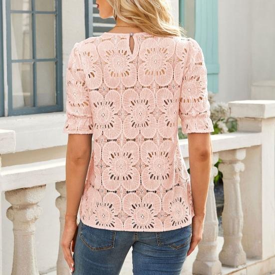 Yousheng Women Tops Round Neck Puff Short Sleeve Hollow Lace Pullover Tops Solid Color Loose Fit Summer T-shirt