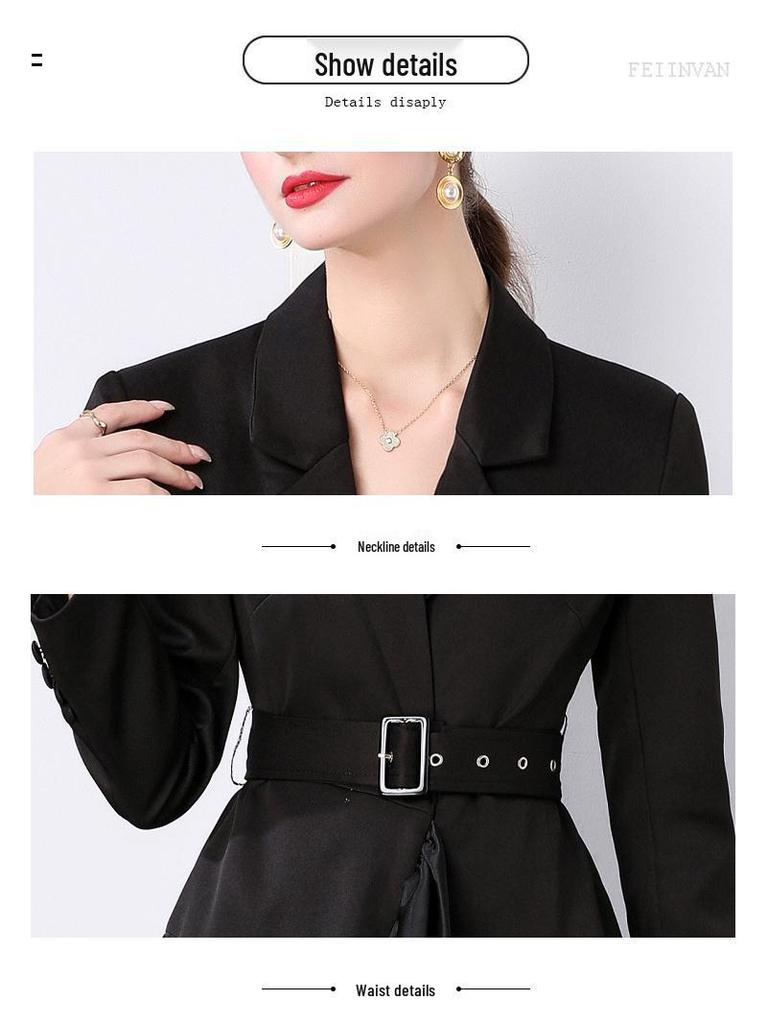 Stylish French Suit Dress with Dramatic Stitching and Midi Swing Design