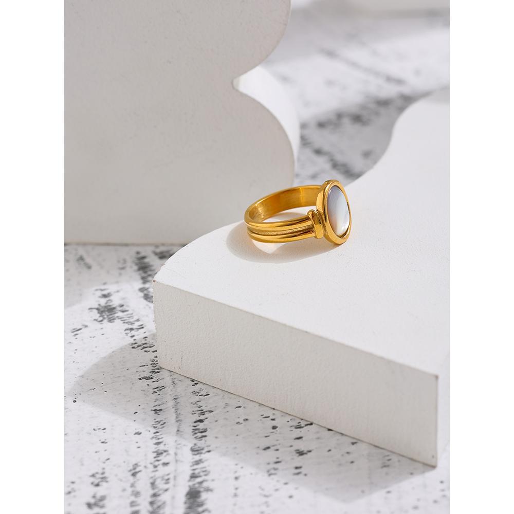 Yhpup Stainless Steel Natural Shell Ring New France Metal Gold Color Round Finger for Women Temperament Jewelry Anillos Mujer