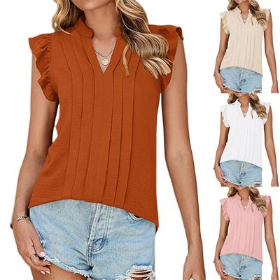 Women's Fashion Solid Color Pleated V Neck  Short Sleeved Shirt Top