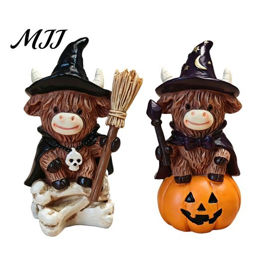 Fall Seasonal Displays 2Pcs Halloween Highland Cow Witch Ornament, Resin Figurine with Hat Pumpkin Broom Rustic Home Decorations & Skull, Cute