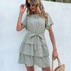 Women's Summer 2025 New Ruffled Crewneck Tie Cake Dress
