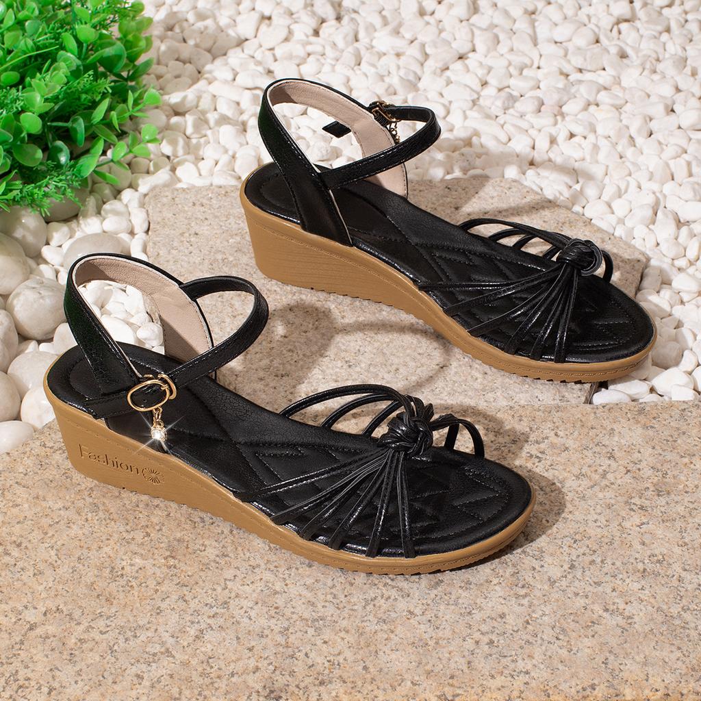 Fashion 2025 French Fashion Comfortable Weaving Hollow Sandals New Fish Mouth Vacation Style Wedge Middle Heel Casual Sandales Femmes