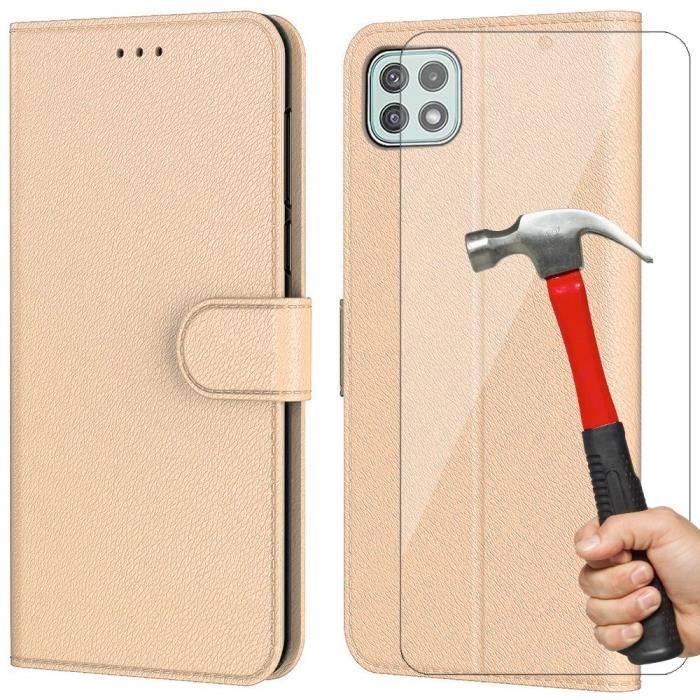 Coque et Verres Trempés - Samsung - A22 5G - Doré - Anti Rayure - Effet Cuir