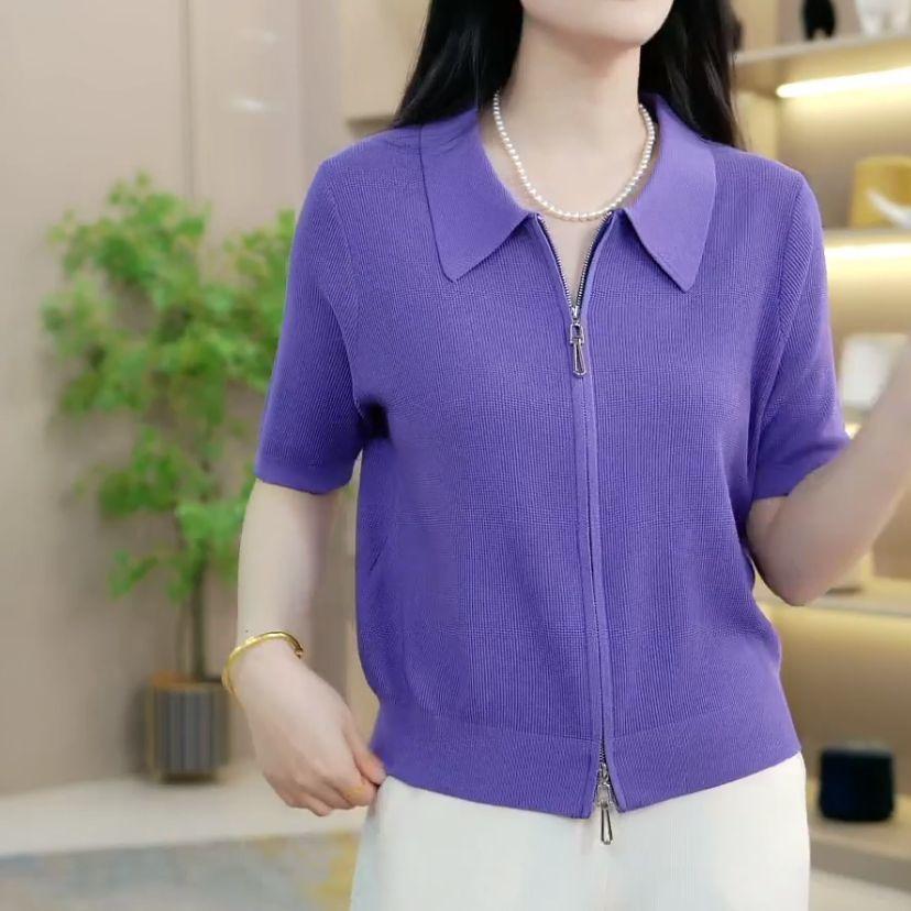Ice Silk Polo Neck T-shirt Short Sleeve New Fashionable Fashionable Shoulder Zipper Belly-covering Short Lapel Top